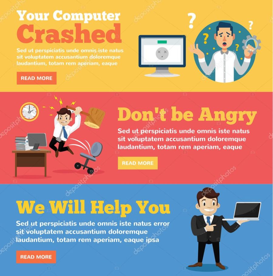 Computer service, computer store flat illustration concepts set