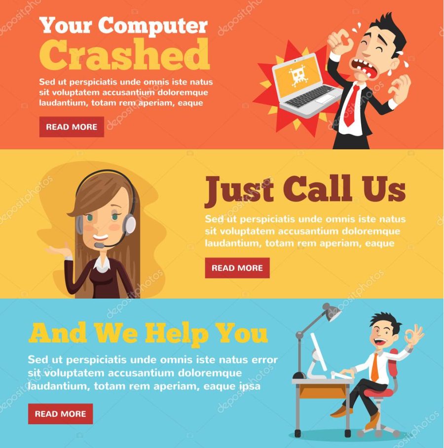 Computer service, computer store flat illustration concepts set