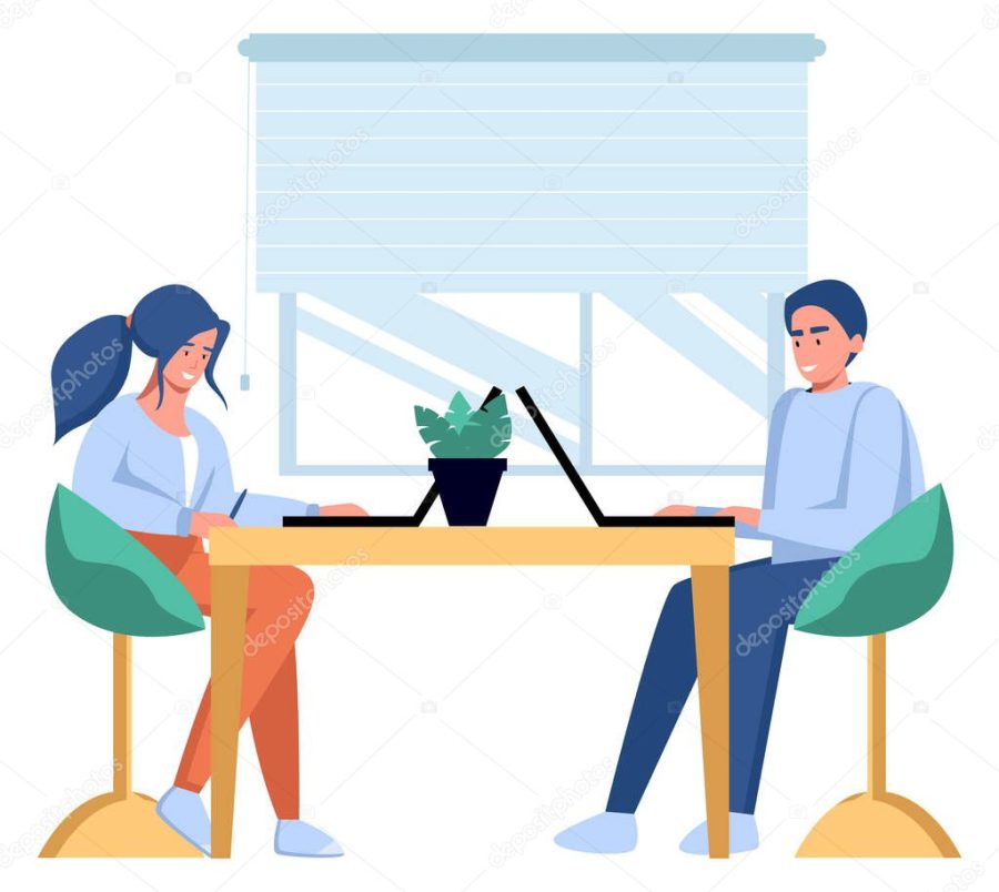 Distant worker using personal computer to complete tasks.Young people, mn and womn freelancers working on laptops and computers at home. Vector flat style illustration