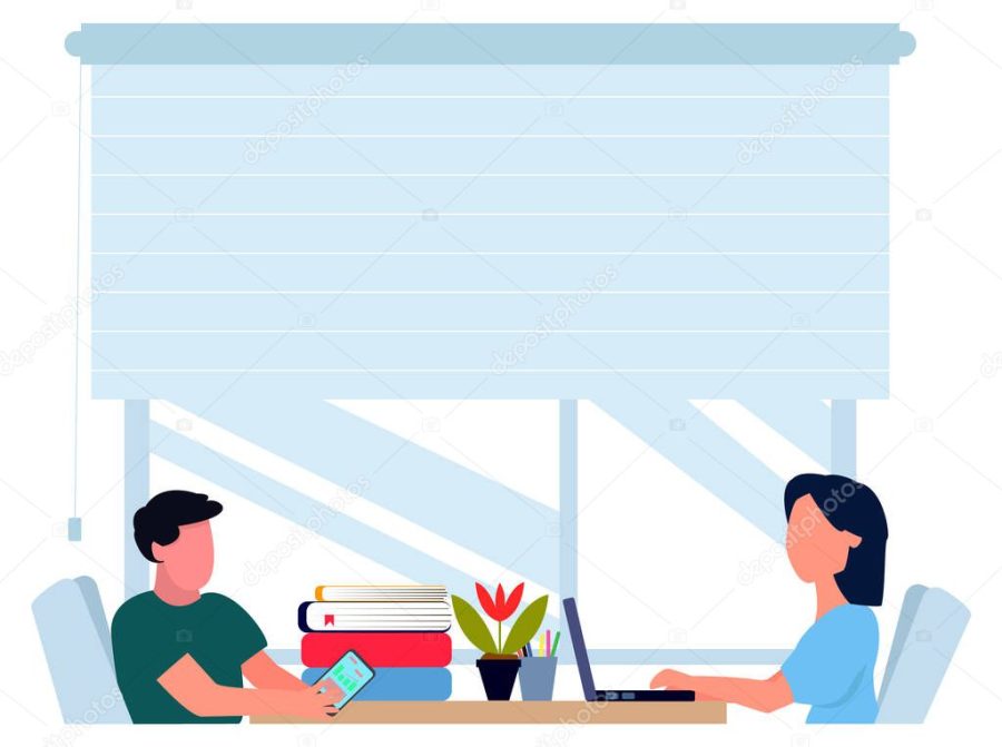 Distant worker using personal computer to complete tasks.Young people, mn and womn freelancers working on laptops and computers at home. Vector flat style illustration