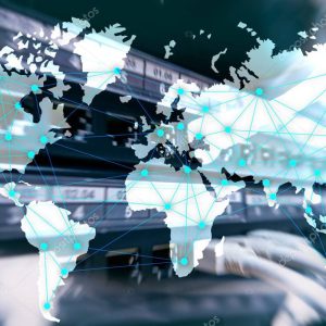 Internet and telecommunication concept with world map on server room background.