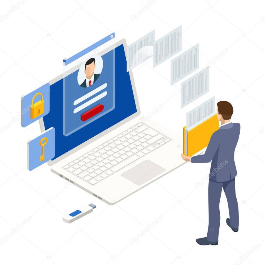 Isometric man analyzes the database of employees or personnel. Protection of personal data. Data processing. HR manager. Artificial intelligence working for big data analysis.