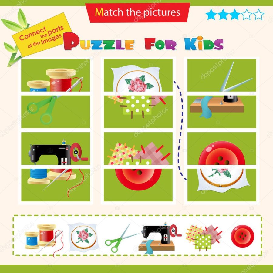 Matching game for children. Puzzle for kids. Match the right parts of the images. Handcraft. Sewing machine, needle and thread, scissors. Hoop with needlework. Patching and button.