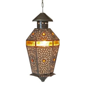 Mexican Tin Sunburst Lantern with Amber Glass