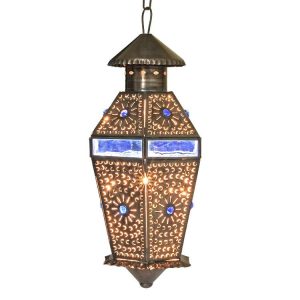 Mexican Tin Sunburst Lantern with Blue Glass