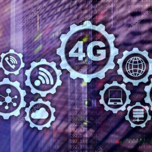 Mobile telecommunication cellular high speed data connection concept: 4G LTE. On server room background.