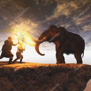 Prehistoric men hunting a young mammoth