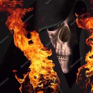 Scary skull and flames of fire.