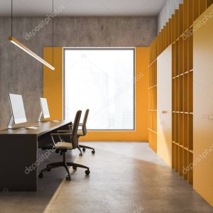 Side view of bright yellow loft office