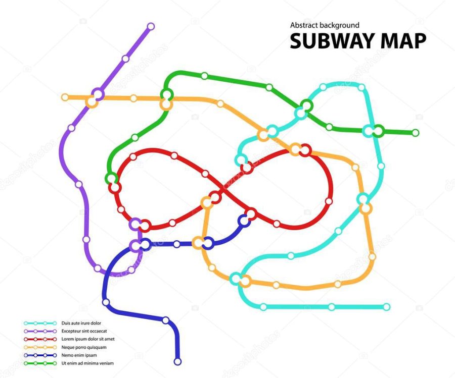 Subway map. Template of fictional town public transport scheme for underground transition road. Metro or bus abstract traffic pattern with circular infinite sign color routes. Vector card illustration