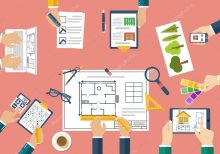 Team of architects working on a project. Architects discussing p