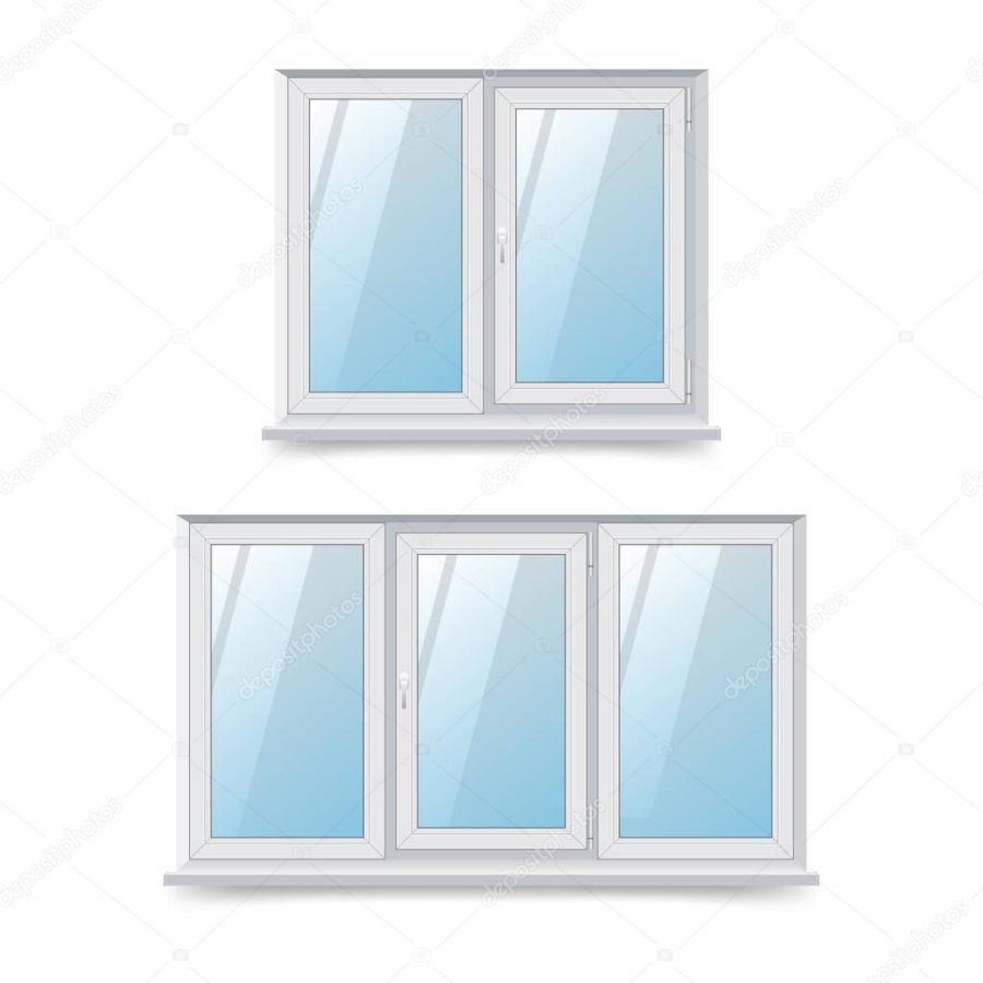 Vector illustration of a rectangular two-leaf and three-winged plastic windows. The design of the windows is swinging