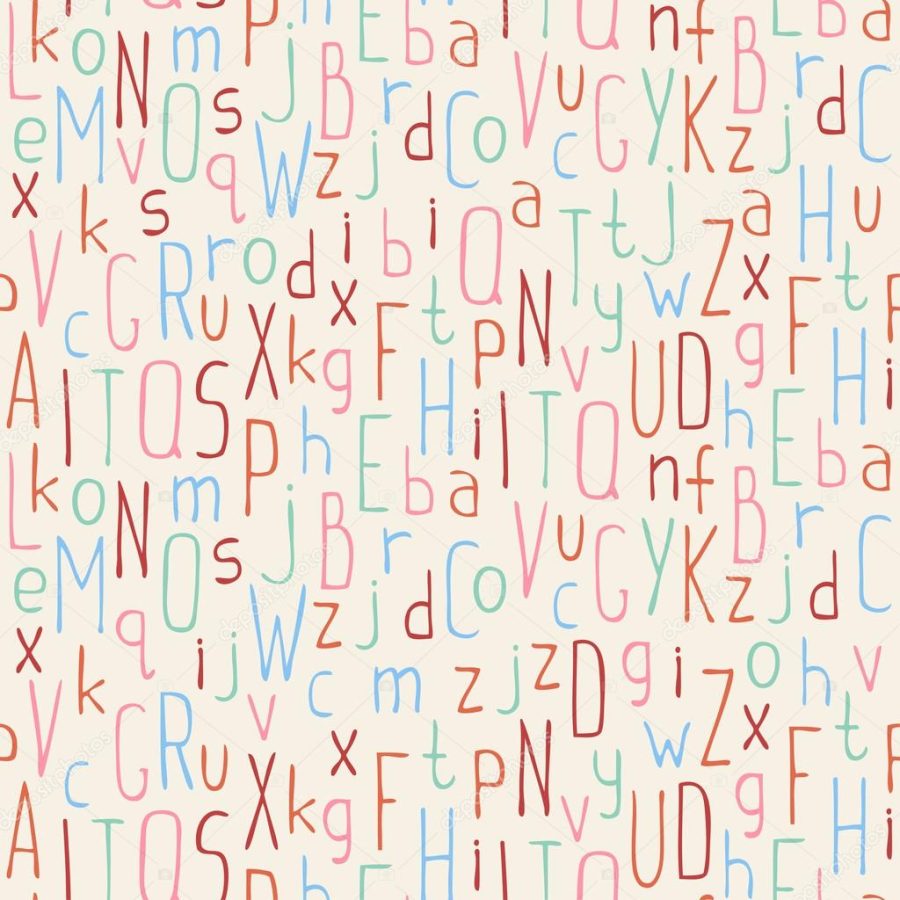 Vector seamless pattern of colorful hand drawn font. Beautiful simple letters background. Doodle typographic symbols.