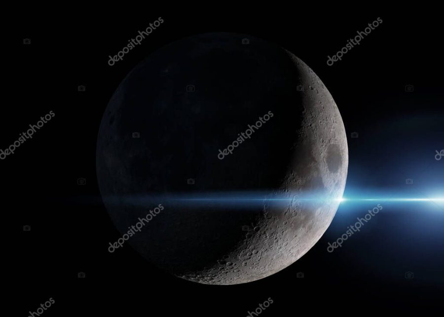 View of a crescent moon in space with stars background 3D render