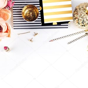 office table view and gold accessories, mock up background, header site