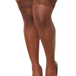Plus Size Espresso Fishnet Thigh High Women's Stockings