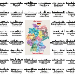 Germany map with largest cities skylines silhouettes vector set