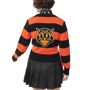 Unique Vintage Adult Spooky Cat Striped Cardigan