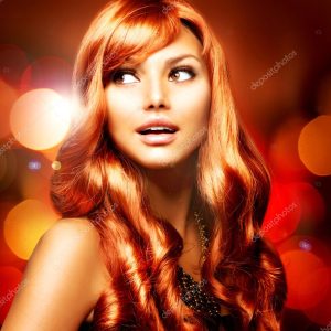 Beautiful Girl With Shiny Red Long Hair over Blinking Background