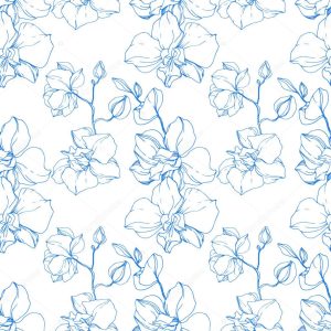 Beautiful blue orchid flowers. Engraved ink art. Seamless background pattern. Fabric wallpaper print texture.