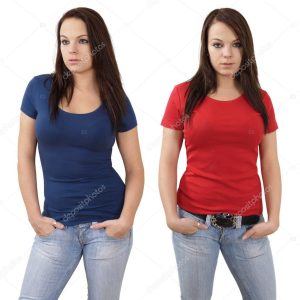 Female with blank red and blue shirts