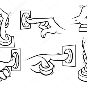 Cartoon hands pushing button. Outline.