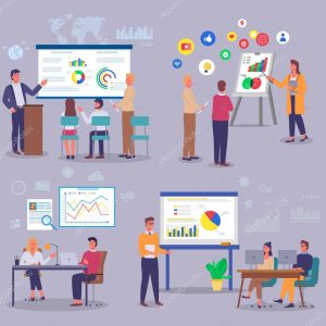 Marketers study analytical data, customer demand, pie and bar charts, charts, graphs. World trade