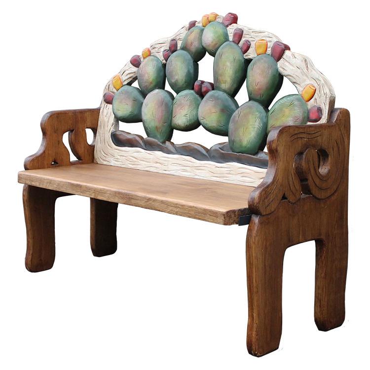 Mexican Rustic Cactus Carved Double Bench